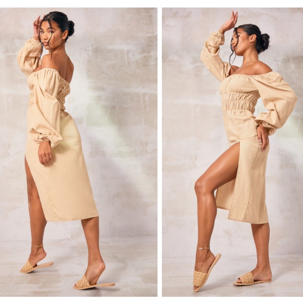 NWT PrettyLittleThing Stone Linen-Blend Ruched Bust Bardot Midi Dress Size 12